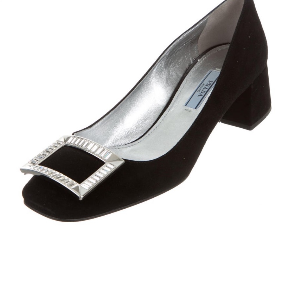 Prada black square heal pump with silver buckle.